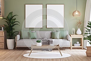 Empty picture frame for copy space on the pastel green wall In a modern contemporary style living room 3d render