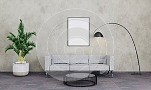 Empty picture frame in loft living room. Picture mockup. Modern interior living room with grey concrete wall, sofa, black lamp