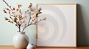 Empty picture frame mockup, green leaf background, for installing design images , Generate AI