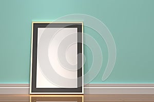 Empty picture frame mockup on wooden floor, 3D rendering. 3D illustration