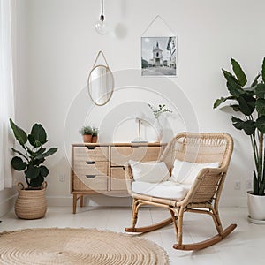Empty picture frame on white wall in modern room. Mock up interior in scandinavian, boho style. Free, copy space for your picture.