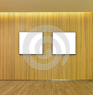 Empty pictures frame in wood slats wall inside of home, mock up