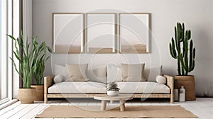 Empty 3 Piece Picture Frame Mockup in Stylish Loungeroom