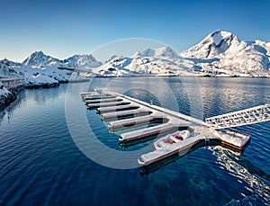 Empty pier on small fishing port - Ramberg, Lofoten Islands, Norway, Europe.