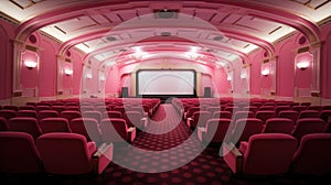 Empty pink cinema hall. View of empty cinema screen with rpink chairs.