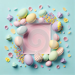 an empty pink frame with easter eggs and flowers. Generative AI