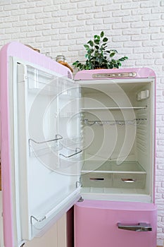 Empty pink fridge, inside view. Refrigerator with glassy shelfs, food storage