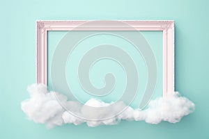 Empty pink photo frame swimming in fluffy clouds on turquoise background. Abstract cotton template