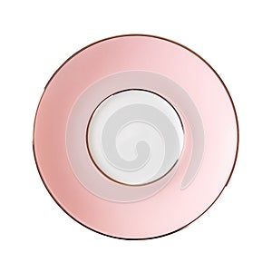 Empty pink porcelain saucer cutout. Beautiful dessert plate with a wide pastel pink border isolated on a white background. Modern