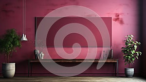 Colorful Living Room With Maroon Wall And Mirrored Poster Wall photo