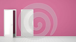 Empty pink room interior design with open and closed doors with frame, door handles, wooden white floor. Choice, decision,