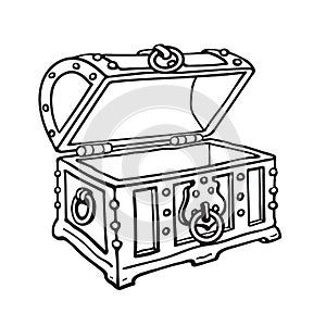 Empty pirate treasure chest. Open wooden trunk. Sketch style hand drawn isolated vector illustration.