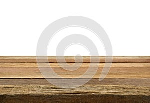 Empty plank wood table top isolate on white background.