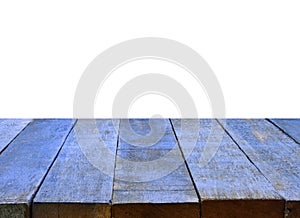 Empty plank wood table top isolate on white background.
