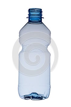 Empty plastic bottle for water opened, isolated on a white background