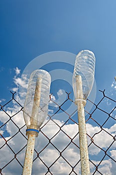 Empty plastic bottles against the backdrop of the sky