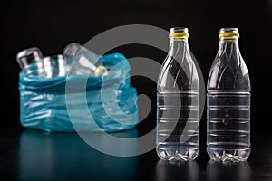 Empty plastic bottles in a garbage bag. Household waste collected in a blue bag