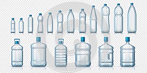 Empty plastic bottles. Realistic transparent container for water or liquids, isolated 3D mockups for advertising. Vector