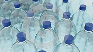 Empty plastic clean bottles for water with caps lids. Production of plastic bottles for water, isolate. 3d render