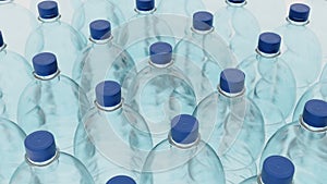 Empty plastic clean bottles for water with caps lids. Production of plastic bottles for water, isolate. 3d render