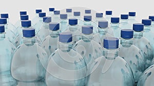 Empty plastic clean bottles for water with caps lids. Production of plastic bottles for water, isolate. 3d render