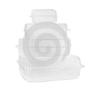 Empty plastic containers for food on white background