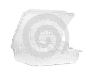 Empty plastic containers for food on white background