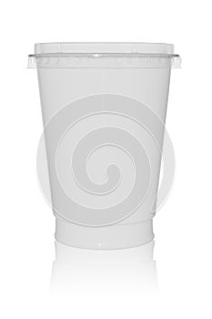 Empty plastic cup with a cover isolated on a white background with reflection