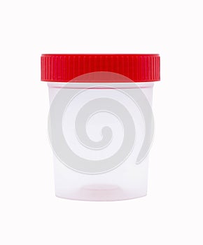 Empty plastic jar with a red lid for medical tests and material collection, on a white background. Medicine, and laboratory