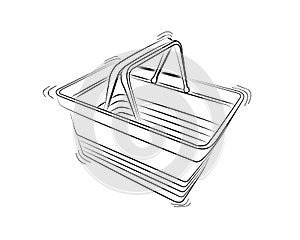 Empty plastic shopping basket. Supermarket food basket. Visiting grocery store to purchase goods, food and drinks. Sketch