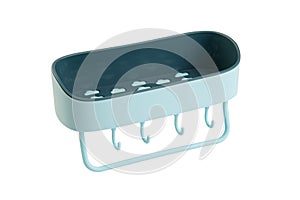 Empty plastic storage or shelf with towel hanger for bathroom isolated on whtie