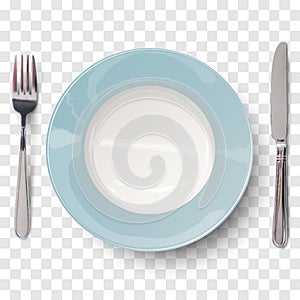 Empty plate in blue design with knife and fork isolated on transparent background. View from above