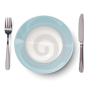 Empty plate in blue design with knife and fork isolated. View from above