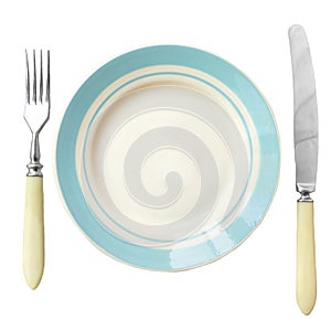 Empty plate with blue stripes and fork and knife