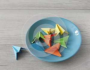 empty plate and colorful paper airplane origami on wood background