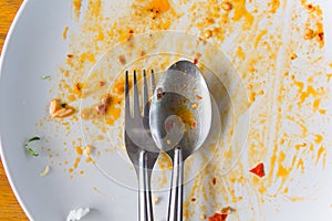 Empty plate after eating food on the table, leftover food