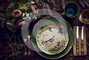 Empty plate flatlay, botanical floral table setting in the English country cottage style Generative Ai