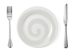 Empty plate with fork and knife photo