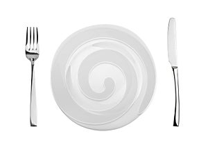 Empty plate, fork and knife isolated on white, without shadow