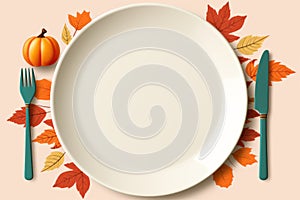 an empty plate with a fork and knife on top of a table with autumn leaves