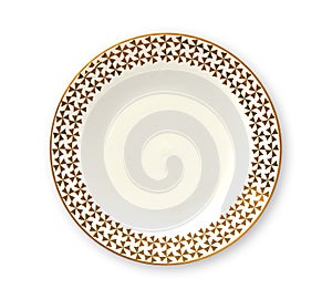 Empty plate with golden pattern edge, White round plate features a beautiful gold rim, View from above isolated on white backgroun