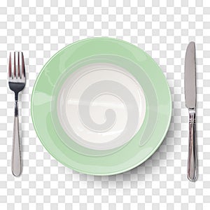 Empty plate in light green design with knife and fork isolated on transparent background. View from above