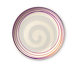 Empty plate with pink pattern edge, Ceramic plate with spiral pattern in watercolor styles, View from above isolated on white back