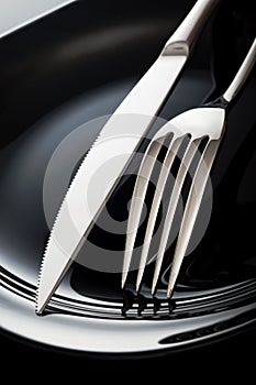 Empty plate with spoon, knife and fork on a black background