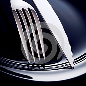 Empty plate with spoon, knife and fork on a black background