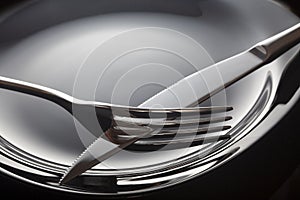 Empty plate with spoon, knife and fork on a black background