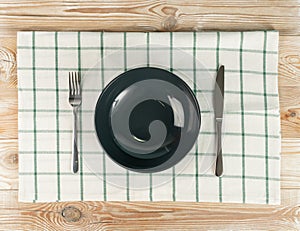 Empty Plate on White Wooden Table Top View with Copy Space