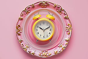Empty plate with yellow alarm clock on pink background, intermittent fasting concept.