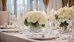 Empty plates, glasses, candles beautiful event with flowers festive luxury spring decoration