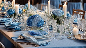 Empty plates, glasses, candles beautiful florist flowers festive luxury spring decoration